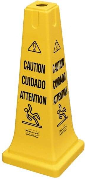 Rubbermaid - Caution, 10-1/2" Wide x 25-3/4" High, Plastic Floor Sign - Cone, Black on Yellow, For Accident Prevention - Industrial Tool & Supply