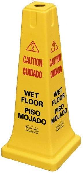 Rubbermaid - Caution - Wet Floor, 10-1/2" Wide x 25-3/4" High, Plastic Floor Sign - Cone, Black on Yellow, For Accident Prevention - Industrial Tool & Supply