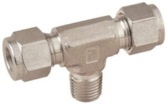 Parker - 1/8" OD, Stainless Steel Male Branch Tee - -425 to 1,200°F, 7/16" Hex, Comp x Comp x MNPT Ends - Industrial Tool & Supply