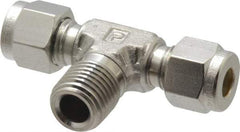 Parker - 1/4" OD, Stainless Steel Male Branch Tee - -425 to 1,200°F, 9/16" Hex, Comp x Comp x MNPT Ends - Industrial Tool & Supply