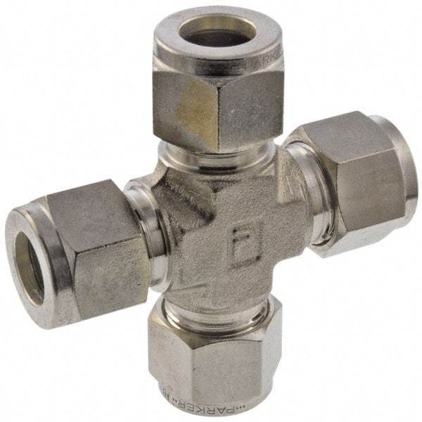 Parker - 1/4" OD, Stainless Steel Union Cross - -425 to 1,200°F, 7/16" Hex, All Comp Ends - Industrial Tool & Supply