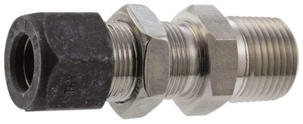 Parker - 3/8" OD, Stainless Steel Bulkhead Connector - 3/4" Hex, Comp x MNPT Ends - Industrial Tool & Supply