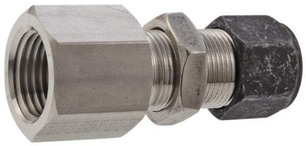 Parker - 1/8" OD, Stainless Steel Bulkhead Female Connector - 9/16" Hex, Comp x FNPT Ends - Industrial Tool & Supply