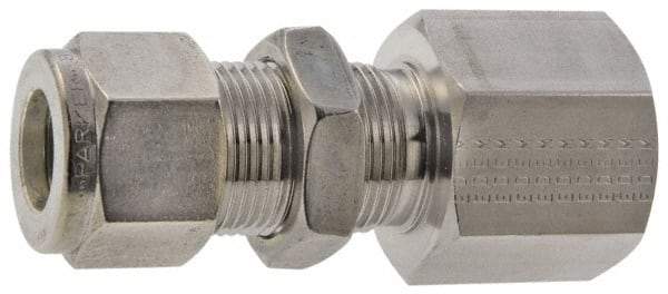 Parker - 1/4" OD, Stainless Steel Bulkhead Female Connector - -425 to 1,200°F, 5/8" Hex, Comp x FNPT Ends - Industrial Tool & Supply