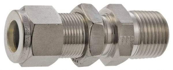 Parker - 1/8" OD, Stainless Steel Bulkhead Connector - -425 to 1,200°F, 1/2" Hex, Comp x MNPT Ends - Industrial Tool & Supply