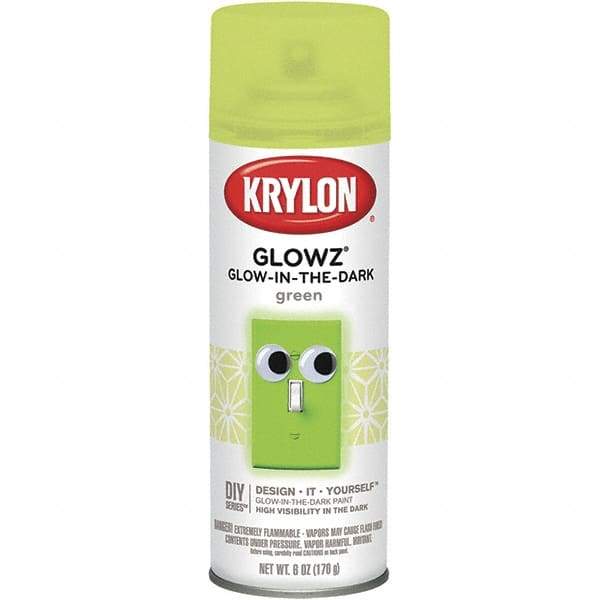 Krylon - Glow Green, Semi Gloss, Glow-in-the-Dark Spray Paint - 10 to 15 Sq Ft per Can, 16 oz Container, Use on Ceramics, Fabric, Glass, Glow-in-the-Dark Paint, Metal, Paper, Papier Mache, Plaster, Wicker, Wood - Industrial Tool & Supply