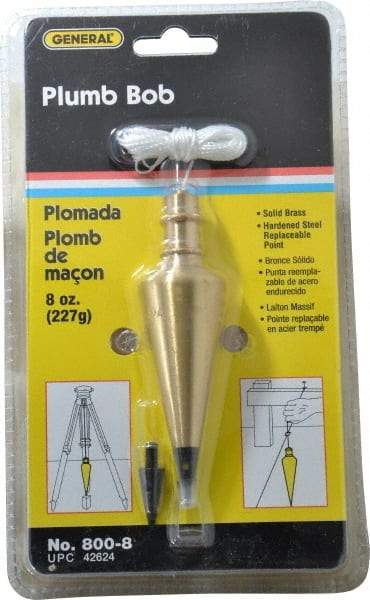 General - 4-1/2 Inch Long, 1-3/16 Inch Diameter Brass Plumb Bob - 8 Ounce, Has Replacable Tip - Industrial Tool & Supply