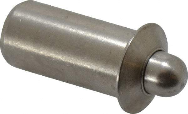 Vlier - 0.786" Body Len x 3/8" Body Diam, 0.234" Plunger Diam, 2.5 Lb Init to 7 Lb Final End Force, 0.786" Len Under Flange, Stainless Steel Press Fit Spring Plunger - 1/2" Flange Diam, 0.096" Flange Thickness, 0.882" Plunger Len, 3/16" Plunger Projection - Industrial Tool & Supply