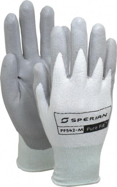 Honeywell - Size M (8), Polyurethane Coated HPPE Fiber Cut Resistant Gloves - Palm & Fingers Coated, Knit Wrist, White/Gray, Paired - Industrial Tool & Supply