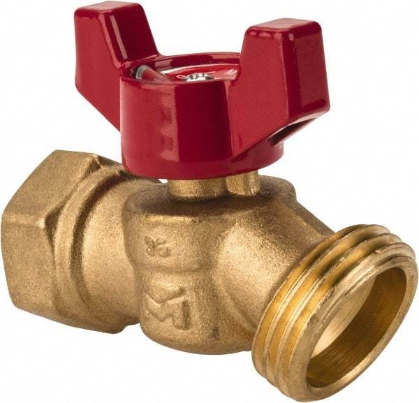 B&K Mueller - 1/2" Pipe, 125 psi WOG Rating, 1/4" Long Shank, Brass Hose Bibb, Stop Valve - Wing Tee Handle, FNPT x GHT End Connections - Industrial Tool & Supply