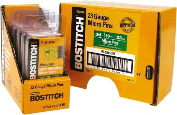 Stanley Bostitch - 23 Gauge 0.0281" Shank Diam 3/4" Long Pin Nails for Power Nailers - Steel, Bright Finish, Smooth Shank, Straight Stick Adhesive Collation, Round Head, Diamond Point - Industrial Tool & Supply