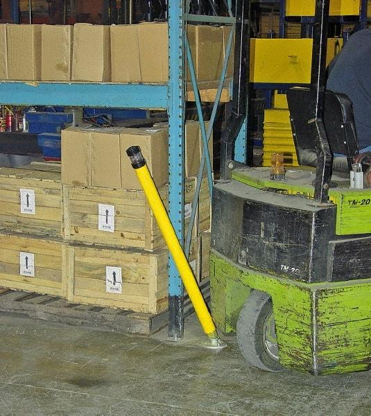 Vestil - 2-1/2" Diam x 42" High, Yellow Steel Spring Bollard - 6" Wide x 6" Long Mounting Plate, 32 Lb - Industrial Tool & Supply