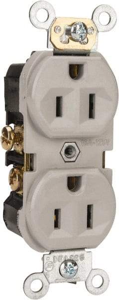 Leviton - 125 VAC, 15 Amp, 5-15R NEMA Configuration, Gray, Specification Grade, Self Grounding Duplex Receptacle - 1 Phase, 2 Poles, 3 Wire, Flush Mount, Tamper Resistant - Industrial Tool & Supply