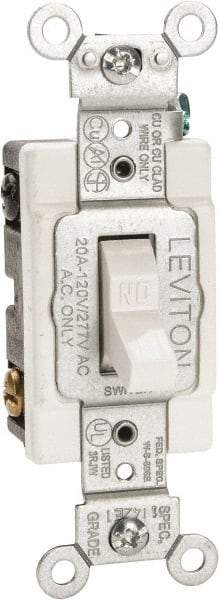 Leviton - 2 Pole, 120 to 277 VAC, 20 Amp, Commercial Grade, Toggle, Wall and Dimmer Light Switch - 1.31 Inch Wide x 4.06 Inch High - Industrial Tool & Supply