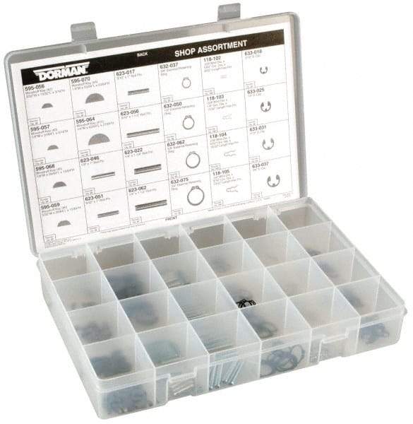 Dorman - 260 Piece E Style External Retaining Ring, Hair Pin Clip, Spring Pin & Woodruff Key Assortment - Spring Steel - Industrial Tool & Supply