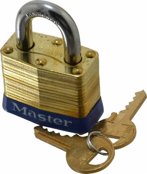 Master Lock - 3/4" Shackle Clearance, Keyed Different Laminated Brass Padlock - 9/32" Shackle Diam, Brass - Industrial Tool & Supply