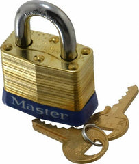 Master Lock - 3/4" Shackle Clearance, Keyed Different Laminated Brass Padlock - 9/32" Shackle Diam, Brass - Industrial Tool & Supply