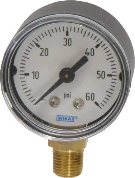 Wika - 1-1/2" Dial, 1/8 Thread, 0-60 Scale Range, Pressure Gauge - Lower Connection Mount, Accurate to 3-2-3% of Scale - Industrial Tool & Supply