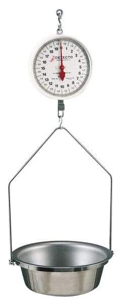 Detecto - 20 Lb. Capacity, 8 Inch Dial Hanging Scale with Stainless Steel Round Pan - 10 Lbs. Graduation, 2 Revolutions - Industrial Tool & Supply