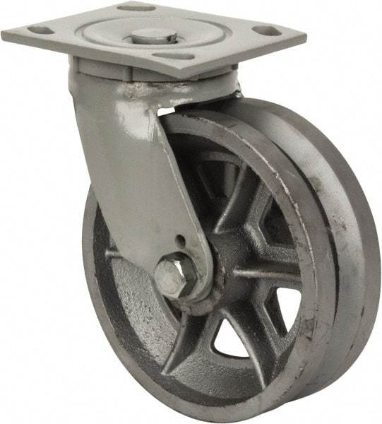 Fairbanks - 6" Diam x 2" Wide, V Groove Metal Swivel Caster - 1,200 Lb Capacity, Top Plate Mount, 4" x 4-1/2" Plate, Roller Bearing - Industrial Tool & Supply