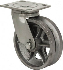 Fairbanks - 6" Diam x 2" Wide, V Groove Metal Swivel Caster - 1,200 Lb Capacity, Top Plate Mount, 4" x 4-1/2" Plate, Roller Bearing - Industrial Tool & Supply