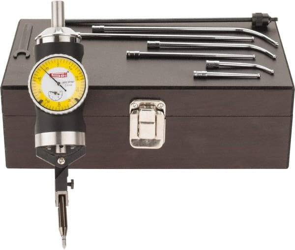 SPI - 9 Piece, 0mm to 63.5mm Measuring Range, 40mm Dial Diam, 0-25-0 Dial Reading, Yellow Dial Test Indicator Kit - 0.005mm Accuracy, 2, 4 & 6" Contact Point Length, 1/8" Ball Diam, 0.01mm Dial Graduation - Industrial Tool & Supply