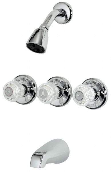 B&K Mueller - Concealed, Three Handle, Chrome Coated, Brass, Valve, Shower Head and Tub Faucet - Knob Handles, 8 Inch Mounting Centers, Acrylic Handles - Industrial Tool & Supply