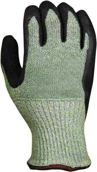 PRO-SAFE - Size S (7), ANSI Cut Lvl 5, Abrasion Lvl 4, Latex Coated HPPE Fiber/Stainless Steel Cut Resistant Gloves - 9.5" Long, Palm & Fingers Coated, Continuous Knit Cuff, Green/Black, Paired - Industrial Tool & Supply
