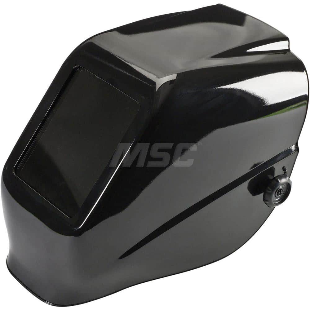 Welding Helmet: Black, Thermoplastic, Shade 10 Black, Thermoplastic, 4-1/2″ Window Width x 5-1/4″ Window Height, 0.06″ Window Thickness, Fixed Front, Green Lens