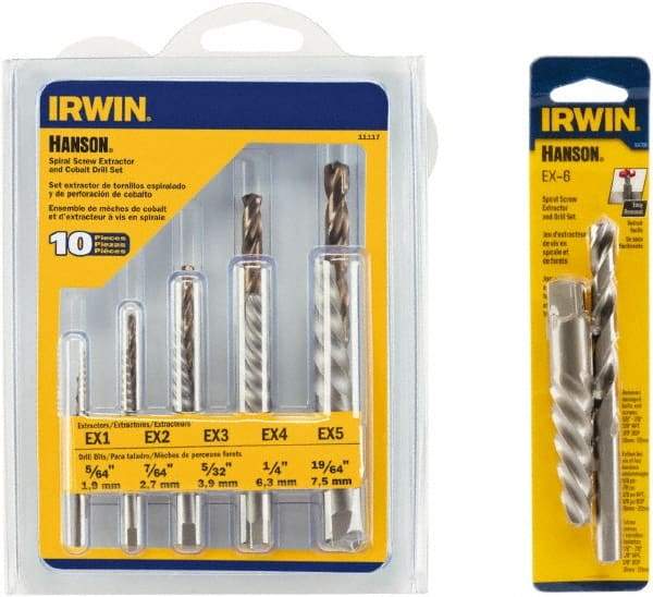 Irwin Hanson - 12 Piece Spiral Flute Screw Extractor & Drill Set - Screw Range 3/16 to 3/4, 5/8 to 7/8" - Industrial Tool & Supply