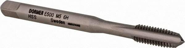 DORMER - M5x0.80 Metric Coarse 6H 3 Flute Bright Finish High Speed Steel Straight Flute Machine Tap - Plug, Right Hand Thread, 58mm OAL, 11mm Thread Length, Oversize - Exact Industrial Supply