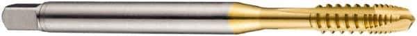 DORMER - M4x0.70 Metric Coarse, 3 Flute, TiN Finish, Cobalt Spiral Point Tap - Plug Chamfer, Right Hand Thread, 63mm OAL, 12mm Thread Length, 4.5mm Shank Diam, 6H Class of Fit, Series E422 - Exact Industrial Supply