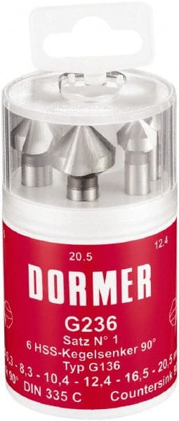 DORMER - 6 Piece, 1/4 to 0.8071" Head Diam, 90° Included Angle, Single End Countersink Set - Industrial Tool & Supply