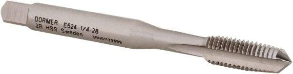 DORMER - 1/4-28 UNF 2B 3 Flute Bright Finish High Speed Steel Straight Flute Machine Tap - Taper, Right Hand Thread, 66mm OAL, 13mm Thread Length, Oversize - Exact Industrial Supply