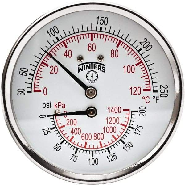 Winters - 3" Dial, 1/2 Thread, 0-200 Scale Range, Pressure Gauge - Center Back Connection Mount, Accurate to 0.03% of Scale - Industrial Tool & Supply