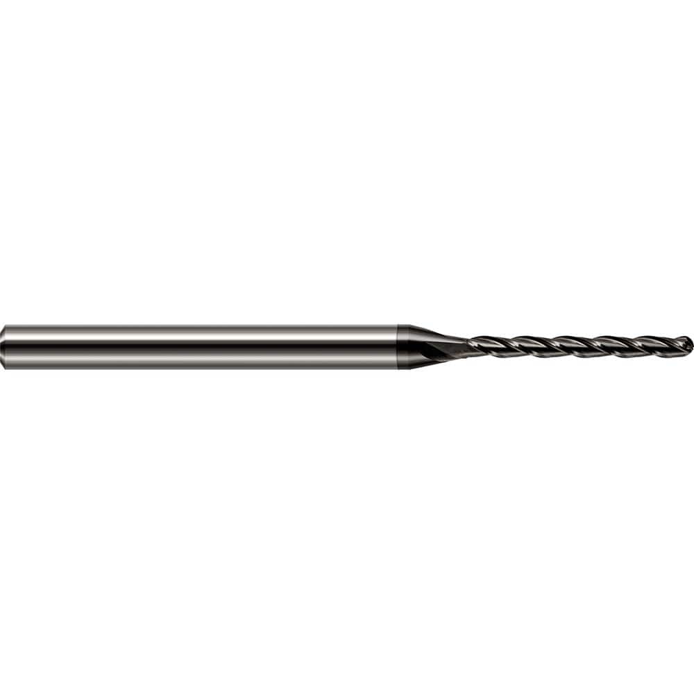 Ball End Mill: 0.047″ Dia, 0.57″ LOC, 3 Flute, Solid Carbide 2-1/2″ OAL, 1/8″ Shank Dia, 30 ° Helix, Amorphous Diamond Coated, Single End
