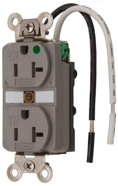 Hubbell Wiring Device-Kellems - 125 VAC, 20 Amp, 5-20R NEMA Configuration, Gray, Hospital Grade, Self Grounding Duplex Receptacle - 1 Phase, 2 Poles, 3 Wire, Flush Mount, Chemical, Corrosion and Impact Resistant, Tamper Resistant - Industrial Tool & Supply