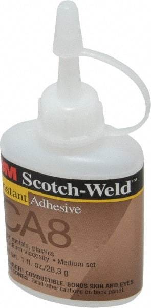 3M - 1 oz Bottle Clear Instant Adhesive - Series CA-8, 5 to 40 sec Fixture Time, 24 hr Full Cure Time, Bonds to Cardboard, Cork Board, Fabric, Fiberglass, Foam, Metal, Paper, Plastic, Rubber & Vinyl - Industrial Tool & Supply