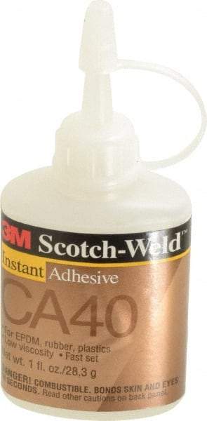 3M - 1 oz Bottle Yellow Instant Adhesive - Series CA40, 3 to 20 sec Fixture Time, 24 hr Full Cure Time, Bonds to Cardboard, Cork Board, Fabric, Fiberglass, Foam, Metal, Plastic, Rubber & Vinyl - Industrial Tool & Supply