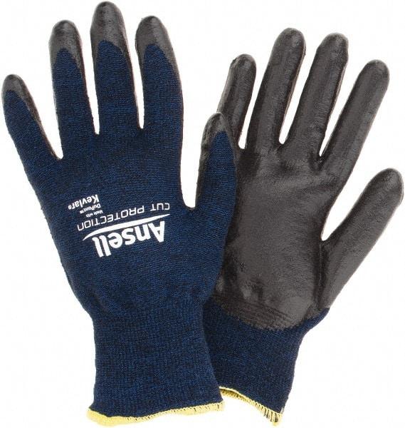 Ansell - Size M, ANSI Cut Lvl A4, Abrasion Lvl 5, Cut Resistant Gloves - Palm Coated, Black/Blue - Industrial Tool & Supply