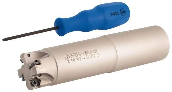 Iscar - 30° Lead Angle, 1-1/4" Max Cut Diam, 0.88" Min Cut Diam, 0.08" Max Depth of Cut, Indexable Chamfer and Angle End Mill - 4 Inserts, H600 WXCU 05 Insert Style, 5-1/2" Overall Length, Through Coolant, Straight Shank - Industrial Tool & Supply