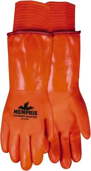 MCR Safety - Size L (9), 14" Long, 28 mil Thick, Supported, PVC Chemical Resistant Gloves - Smooth Finish, Fleece/Jersey Lined, Orange - Industrial Tool & Supply