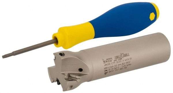 Iscar - 1-1/4" Cut Diam, 0.315" Max Depth of Cut, 1" Shank Diam, 4" OAL, Indexable Square Shoulder Helical End Mill - HM390 TPKT 1003 Inserts, Weldon Shank, 90° Lead Angle, Through Coolant, Series HeliIQMill - Industrial Tool & Supply