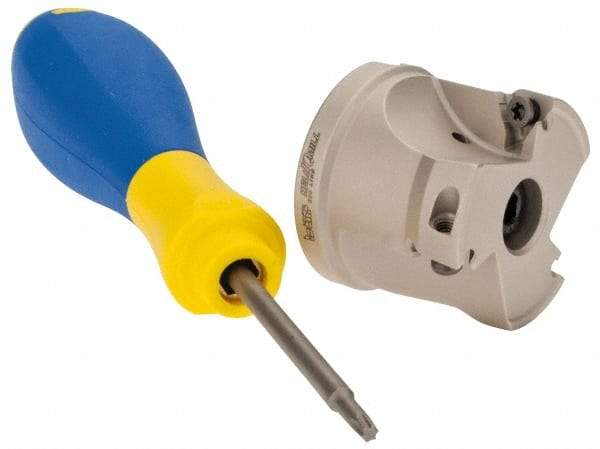 Iscar - 3 Inserts, 1-1/2" Cut Diam, 1/2" Arbor Diam, 0.315" Max Depth of Cut, Indexable Square-Shoulder Face Mill - 0/90° Lead Angle, 1.37" High, HM390 TPKT 1003 Insert Compatibility, Through Coolant, Series HeliIQMill - Industrial Tool & Supply