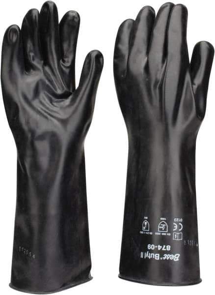 SHOWA - Size L (9), 14" Long, 14 mil Thick, Butyl Chemical Resistant Gloves - Smooth Finish, Rolled Cuff, ANSI Abrasion Level 0, ANSI Cut Level 0, ANSI Puncture Level 0, Black - Industrial Tool & Supply