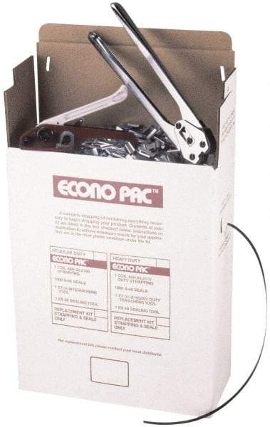 Value Collection - 7,200 Inch Long x 1/2 Inch Wide x 0.025 Inch Thick, Heavy Duty Polypropylene Strapping Kit - 500 Lbs Tensile Strength, Contains Self Dispensing Box, Polypropylene Strapping, 1,000 Seals, Tensioner Tool and Crimper Tool - Industrial Tool & Supply