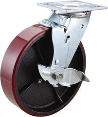 Value Collection - 8" Diam x 2" Wide x 9-1/2" OAH Top Plate Mount Swivel Caster with Brake - Polyurethane, 1,200 Lb Capacity, Roller Bearing, 4 x 4-1/2" Plate - Industrial Tool & Supply