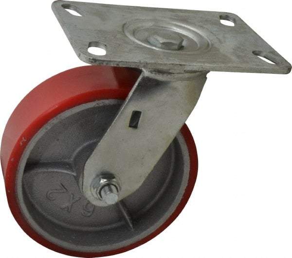Fairbanks - 6" Diam x 2" Wide x 7-1/2" OAH Top Plate Mount Swivel Caster - Polyurethane, 1,000 Lb Capacity, Roller Bearing, 4-1/2 x 6-1/4" Plate - Industrial Tool & Supply