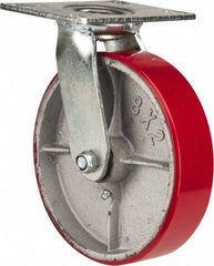 Fairbanks - 8" Diam x 2" Wide x 9-1/4" OAH Top Plate Mount Swivel Caster - Polyurethane, 1,200 Lb Capacity, Roller Bearing, 4-1/2 x 6-1/4" Plate - Industrial Tool & Supply