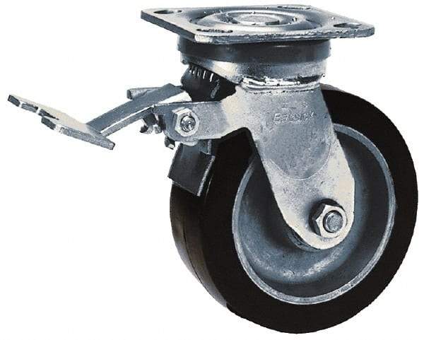 Albion - 5" Diam x 2" Wide x 6-1/2" OAH Top Plate Mount Swivel Caster with Brake - Phenolic, 900 Lb Capacity, Roller Bearing, 4 x 4-1/2" Plate - Industrial Tool & Supply